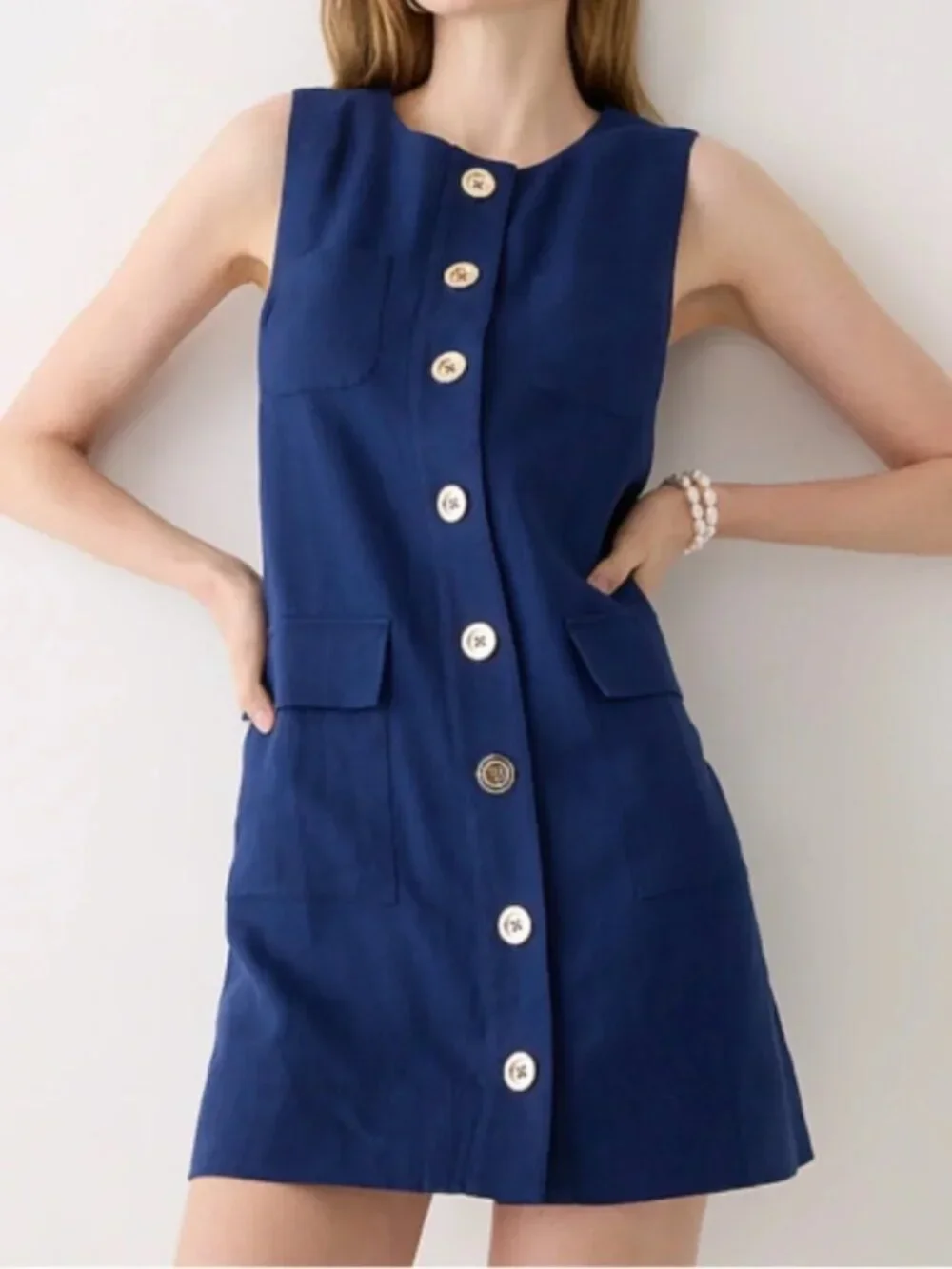 J. Crew Button Front Linen Shift Sleeveless Dress Navy Blue S - Picture 1 of 6